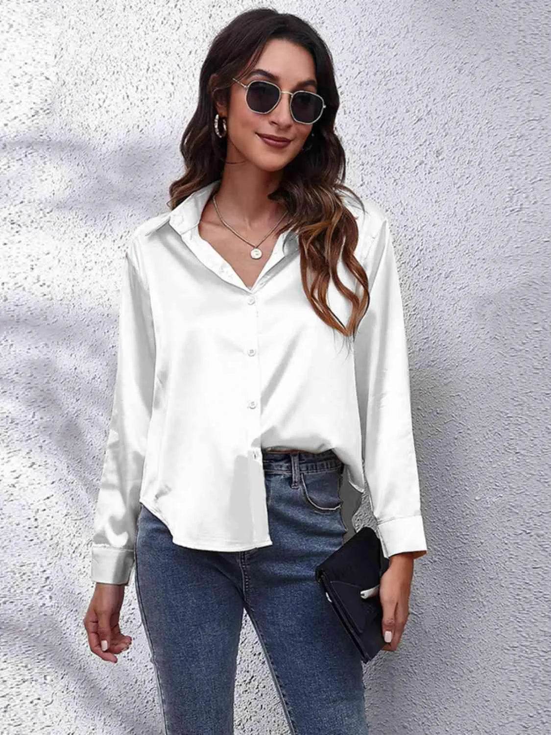 Bona Fide Fashion - Collared Neck Buttoned Long Sleeve Shirt - Women Fashion - Bona Fide Fashion