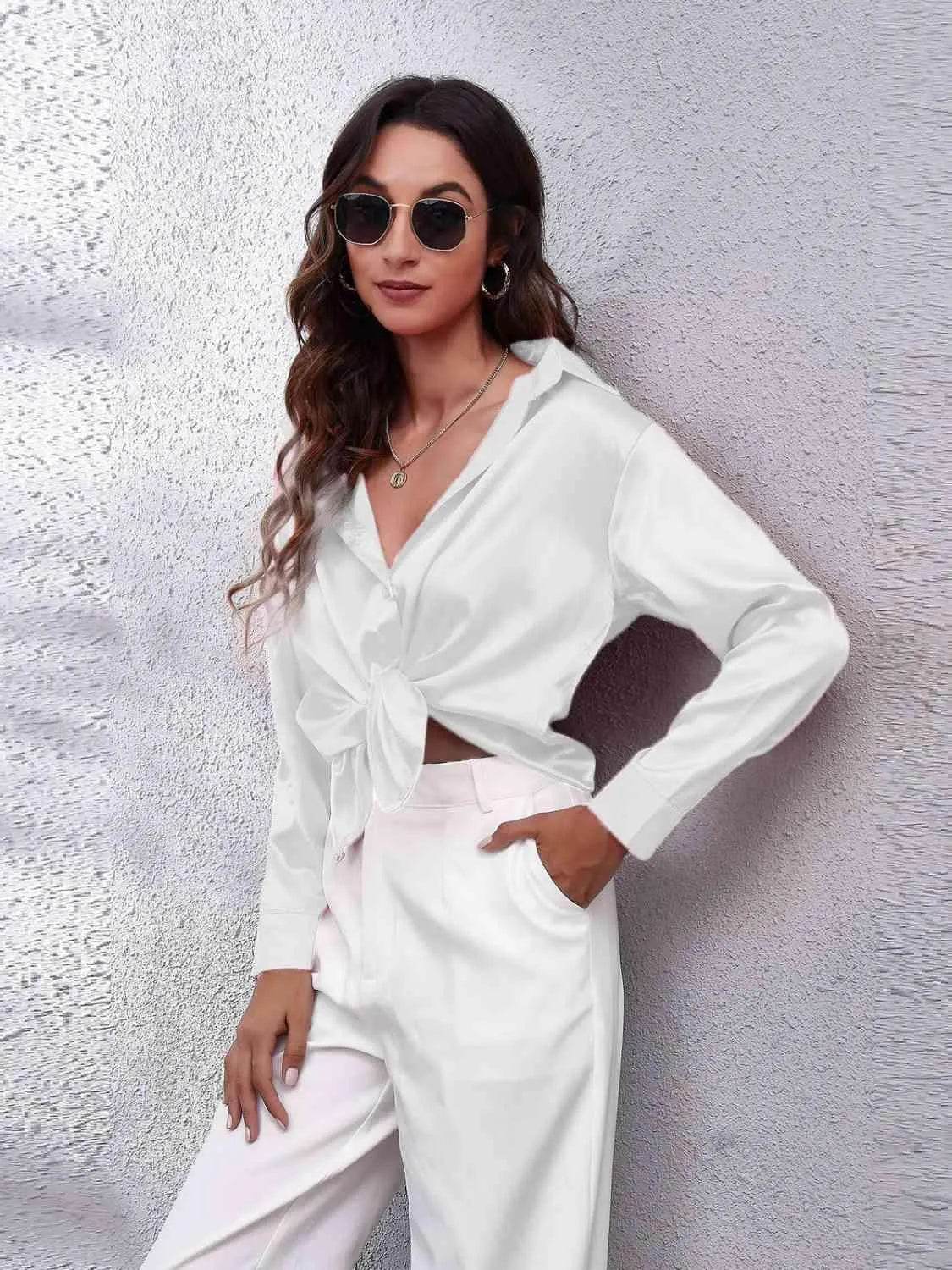 Bona Fide Fashion - Collared Neck Buttoned Long Sleeve Shirt - Women Fashion - Bona Fide Fashion