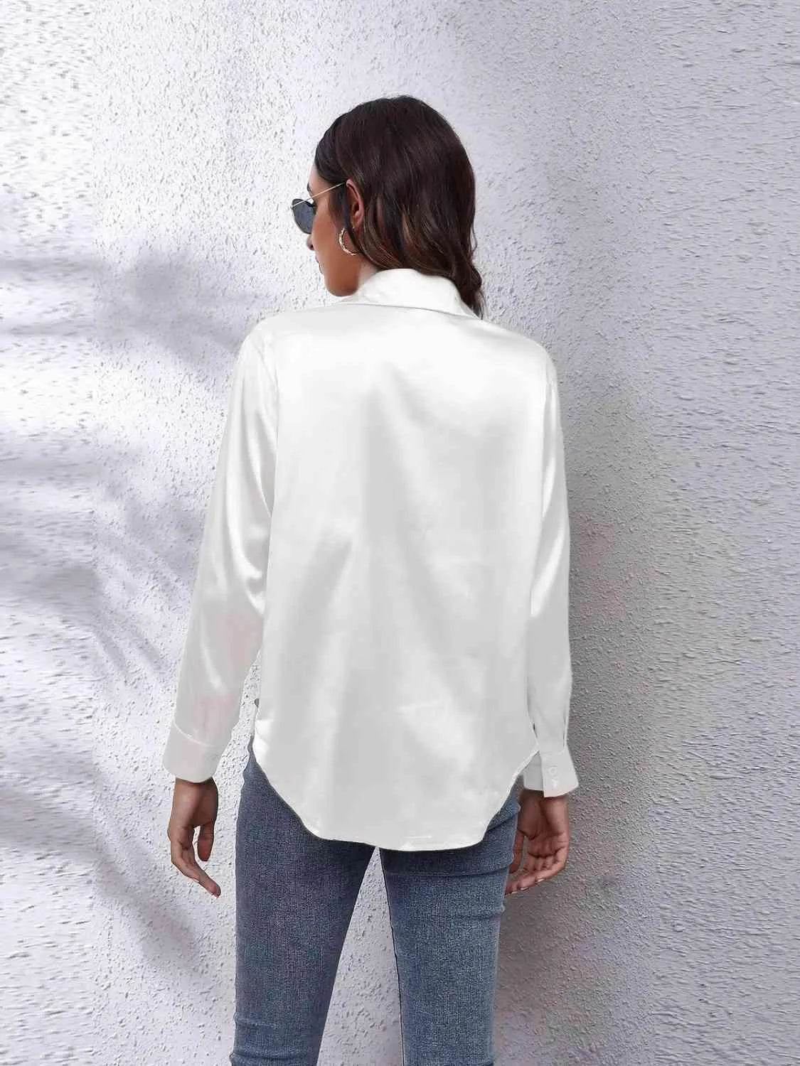 Bona Fide Fashion - Collared Neck Buttoned Long Sleeve Shirt - Women Fashion - Bona Fide Fashion
