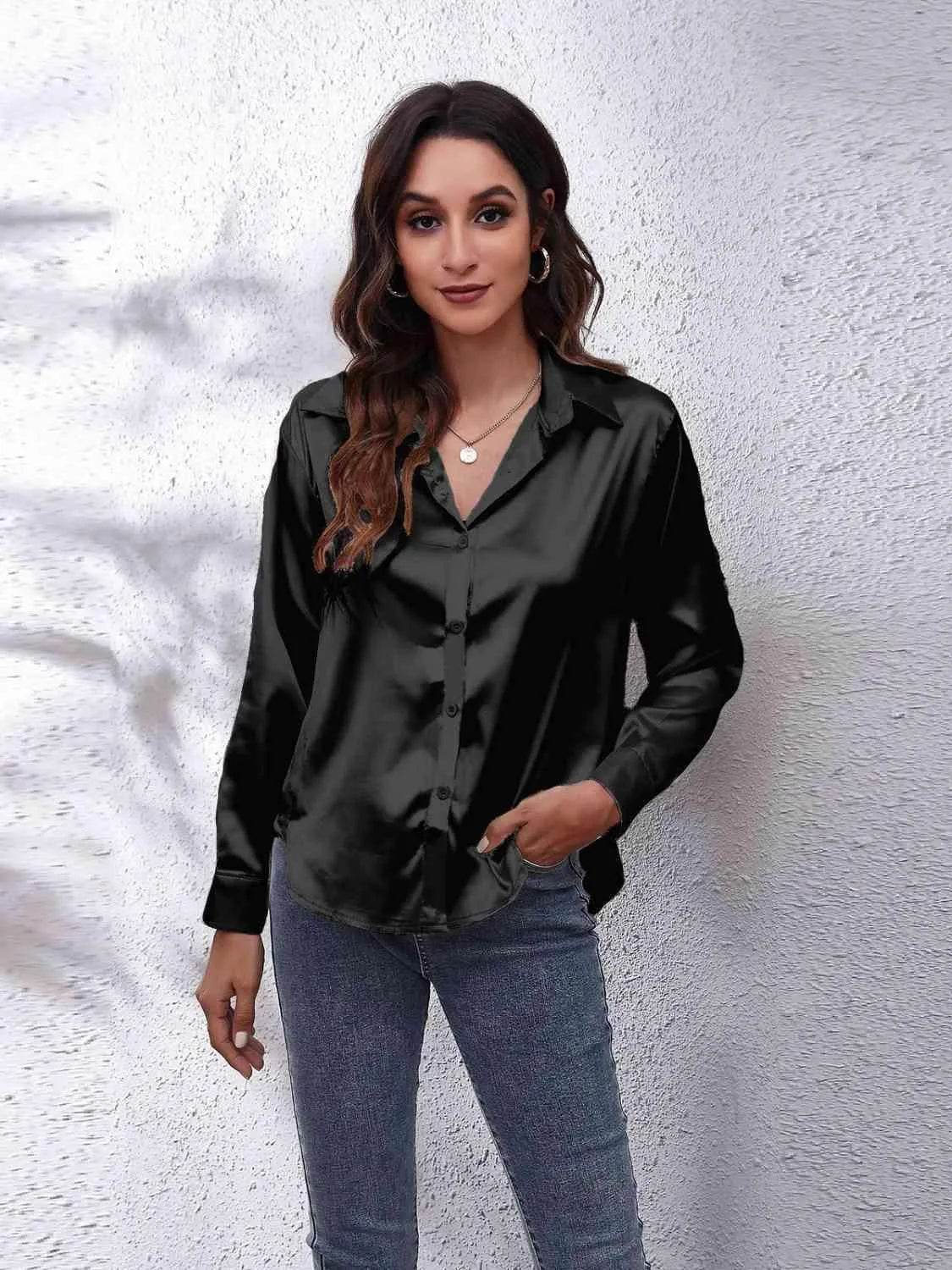 Bona Fide Fashion - Collared Neck Buttoned Long Sleeve Shirt - Women Fashion - Bona Fide Fashion