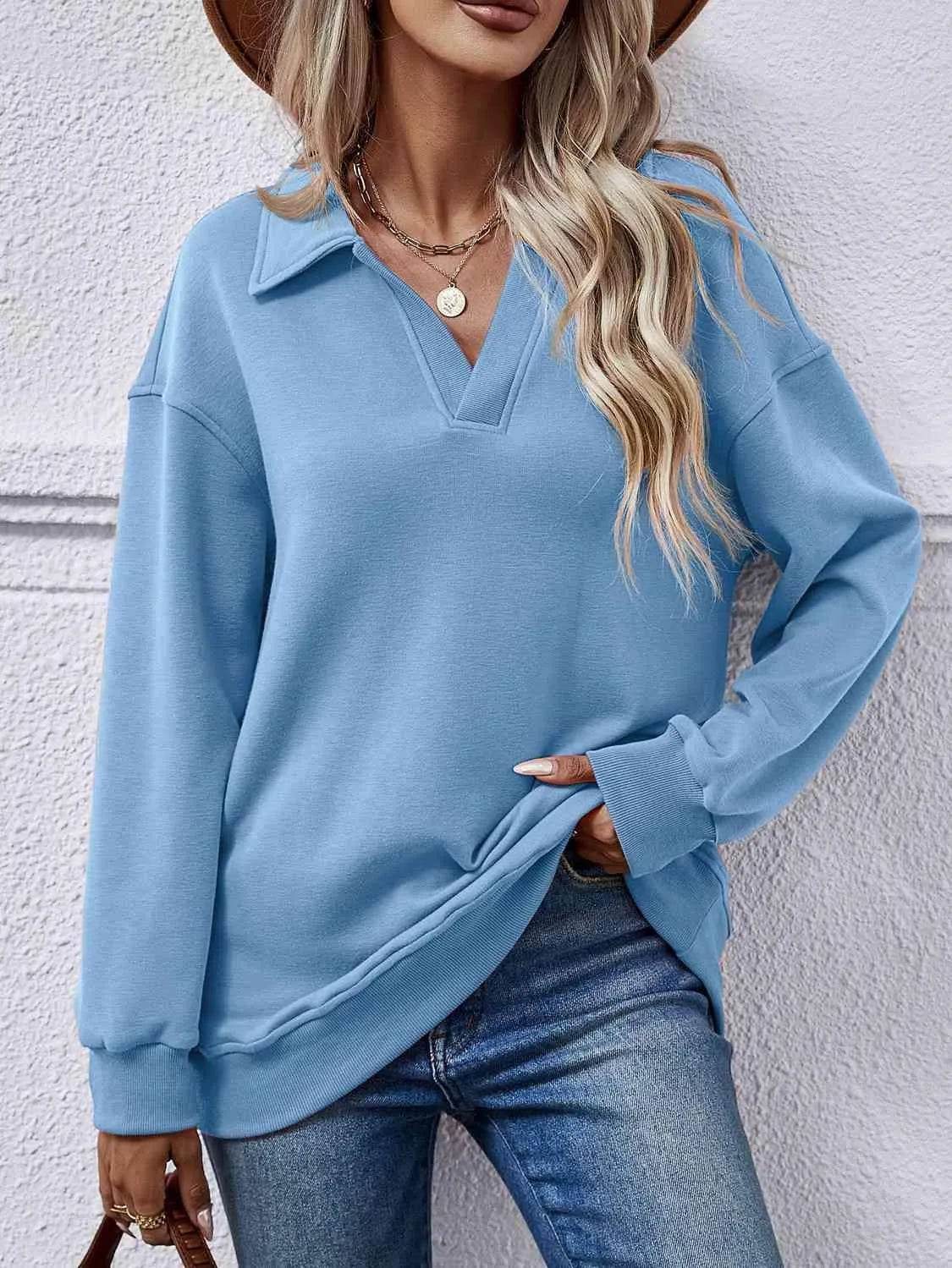 Bona Fide Fashion - Collared Neck Dropped Shoulder Sweatshirt - Women Fashion - Bona Fide Fashion