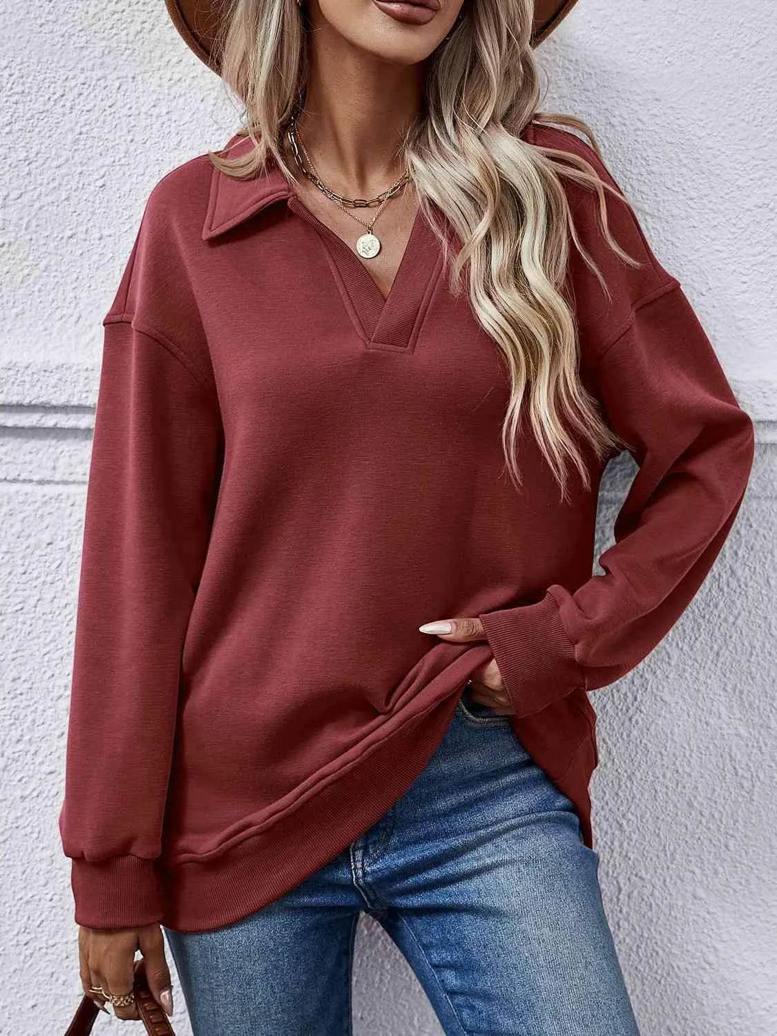 Bona Fide Fashion - Collared Neck Dropped Shoulder Sweatshirt - Women Fashion - Bona Fide Fashion