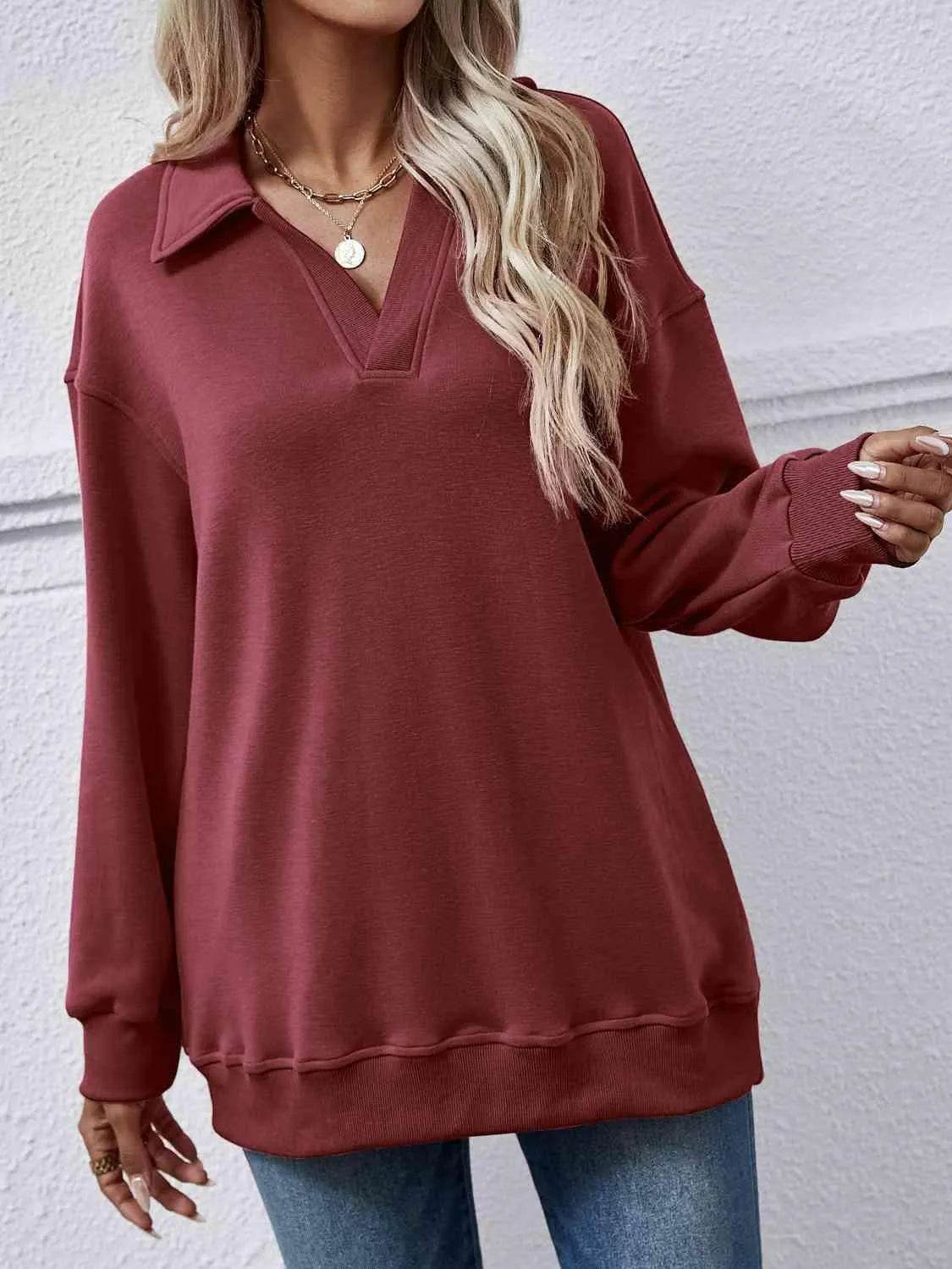 Bona Fide Fashion - Collared Neck Dropped Shoulder Sweatshirt - Women Fashion - Bona Fide Fashion