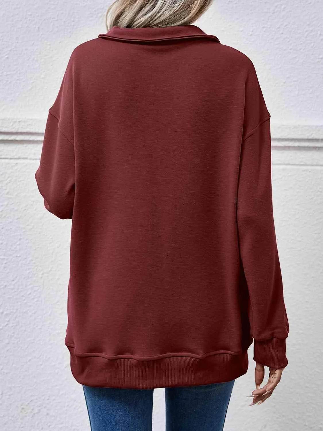 Bona Fide Fashion - Collared Neck Dropped Shoulder Sweatshirt - Women Fashion - Bona Fide Fashion