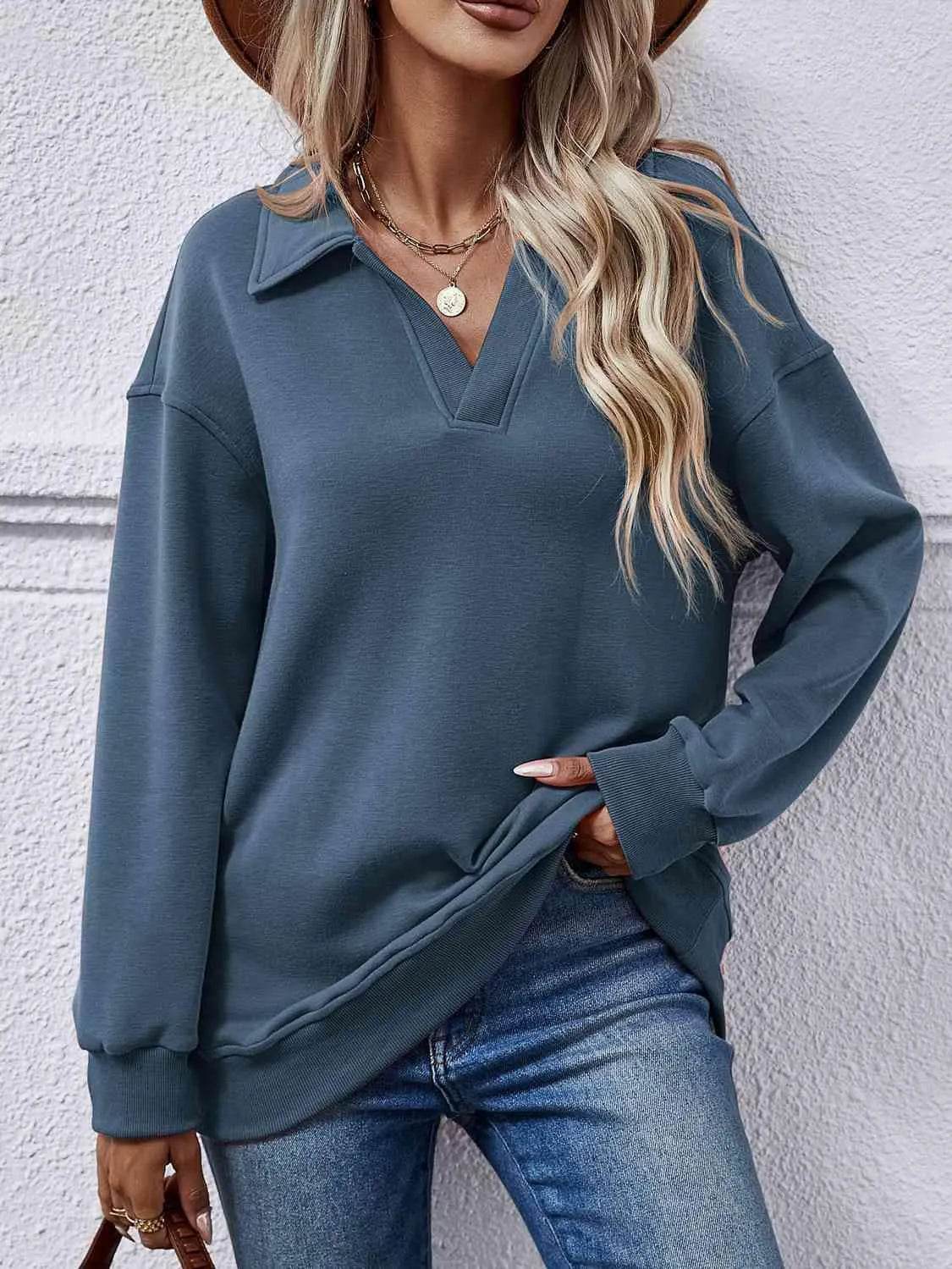 Bona Fide Fashion - Collared Neck Dropped Shoulder Sweatshirt - Women Fashion - Bona Fide Fashion
