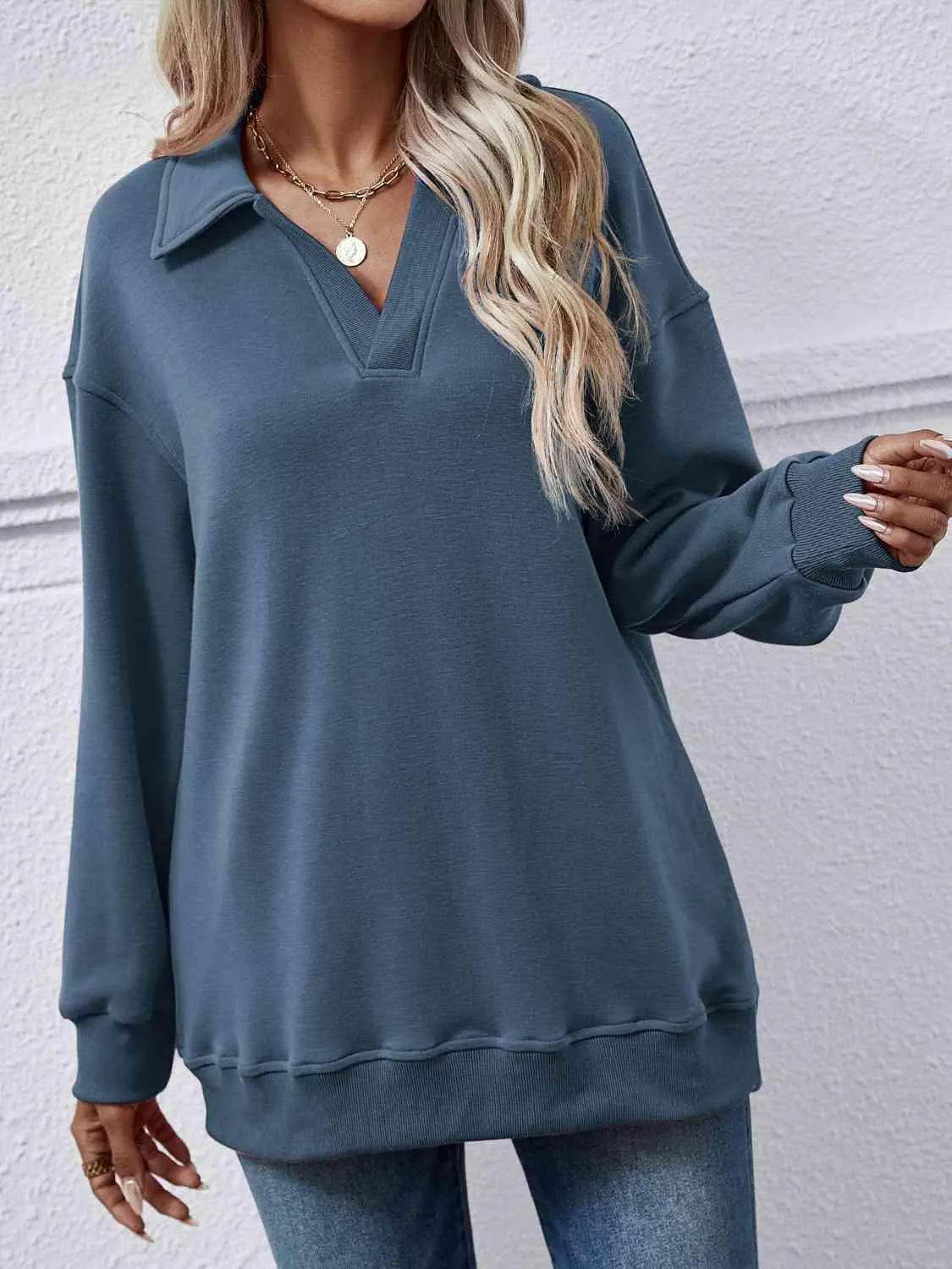 Bona Fide Fashion - Collared Neck Dropped Shoulder Sweatshirt - Women Fashion - Bona Fide Fashion