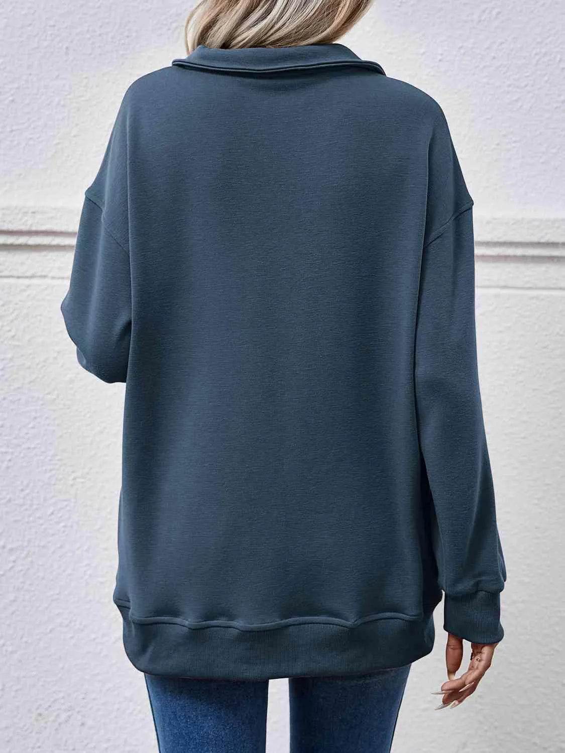 Bona Fide Fashion - Collared Neck Dropped Shoulder Sweatshirt - Women Fashion - Bona Fide Fashion
