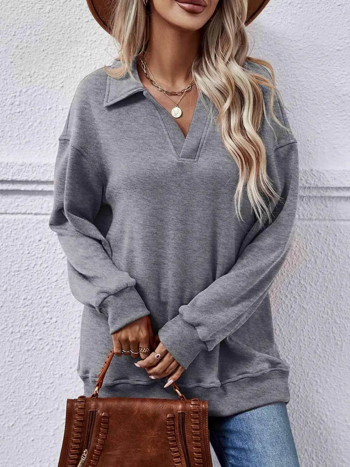Bona Fide Fashion - Collared Neck Dropped Shoulder Sweatshirt - Women Fashion - Bona Fide Fashion