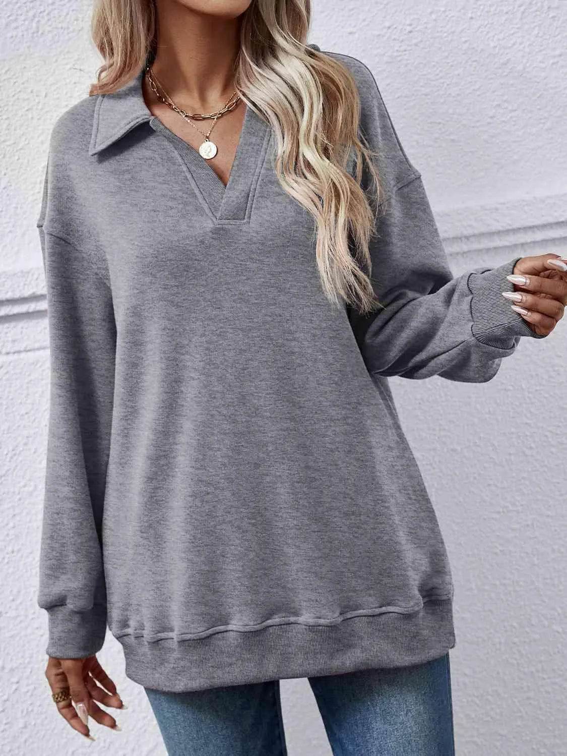 Bona Fide Fashion - Collared Neck Dropped Shoulder Sweatshirt - Women Fashion - Bona Fide Fashion