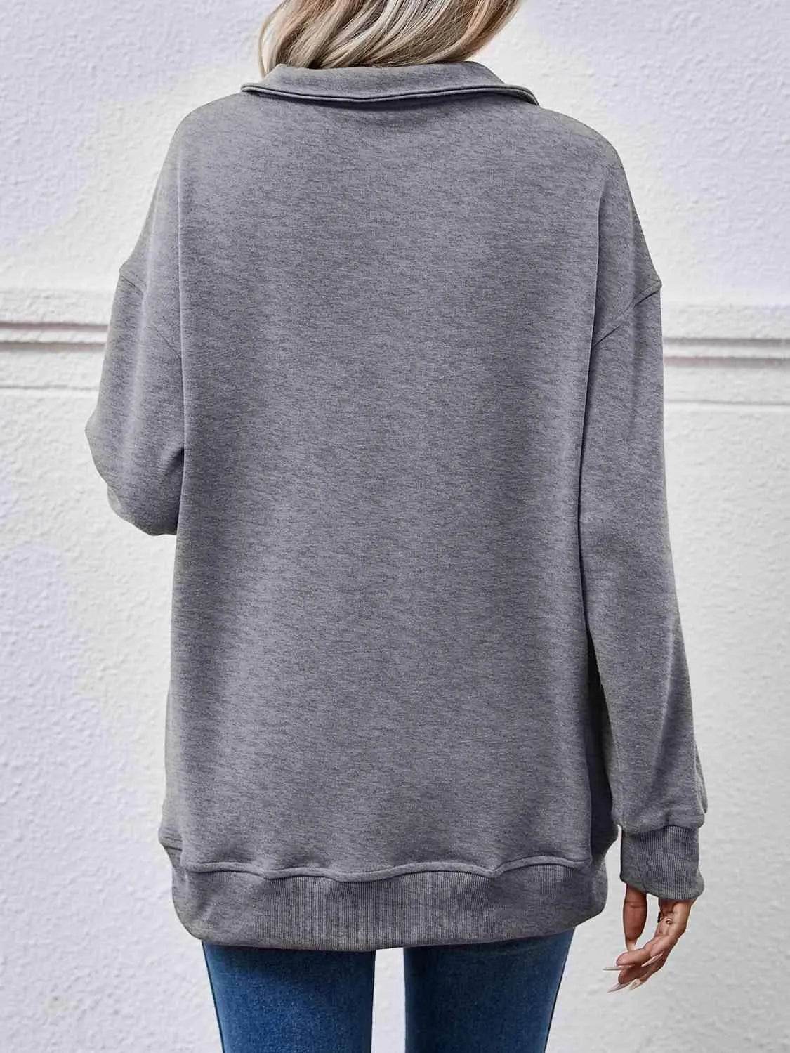 Bona Fide Fashion - Collared Neck Dropped Shoulder Sweatshirt - Women Fashion - Bona Fide Fashion