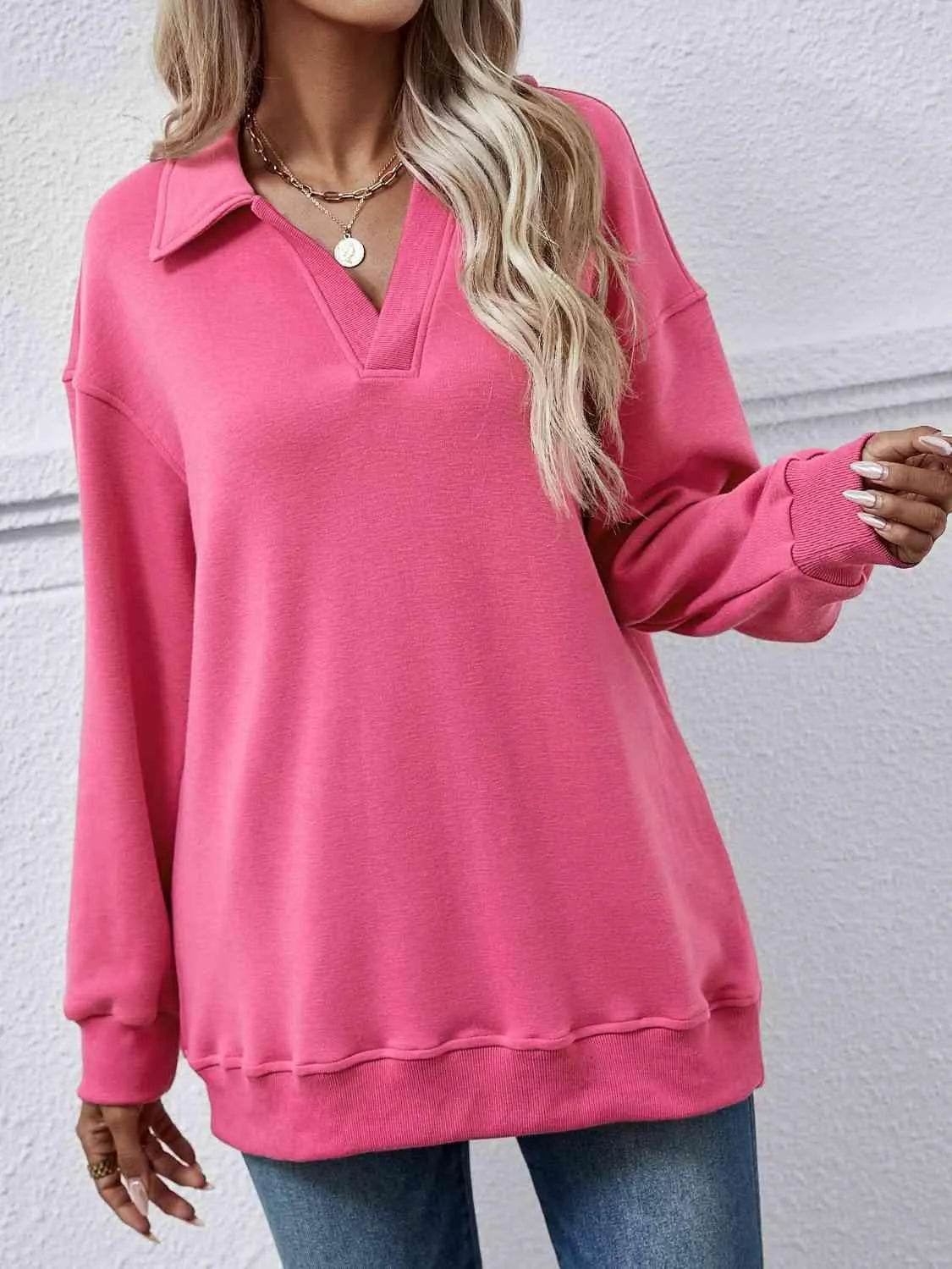 Bona Fide Fashion - Collared Neck Dropped Shoulder Sweatshirt - Women Fashion - Bona Fide Fashion