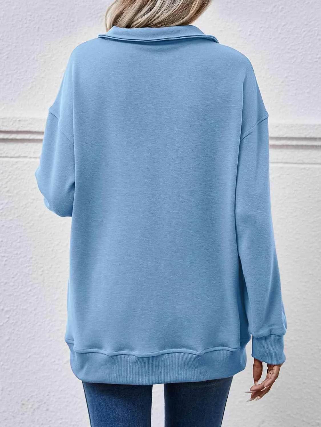 Bona Fide Fashion - Collared Neck Dropped Shoulder Sweatshirt - Women Fashion - Bona Fide Fashion