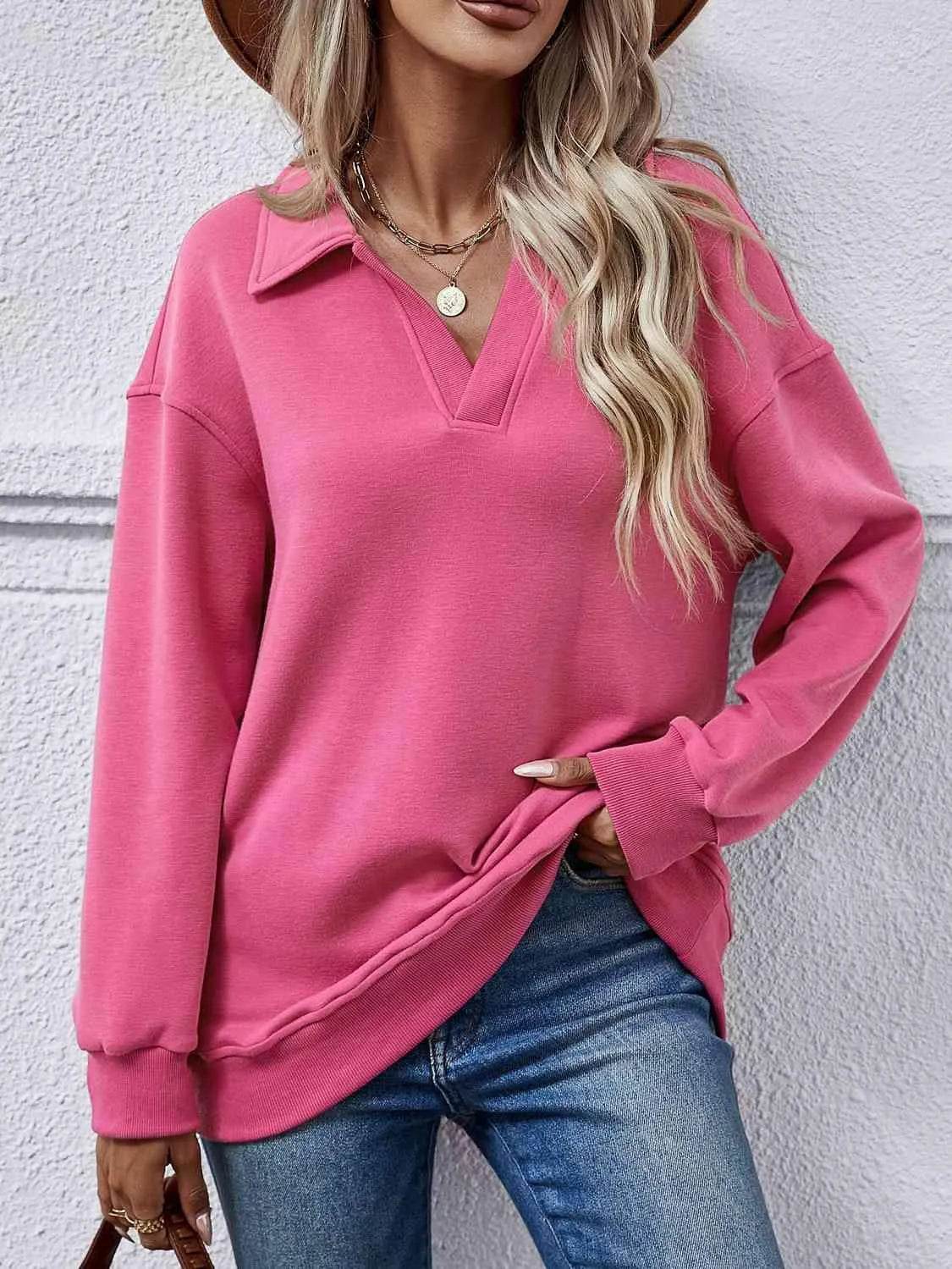 Bona Fide Fashion - Collared Neck Dropped Shoulder Sweatshirt - Women Fashion - Bona Fide Fashion