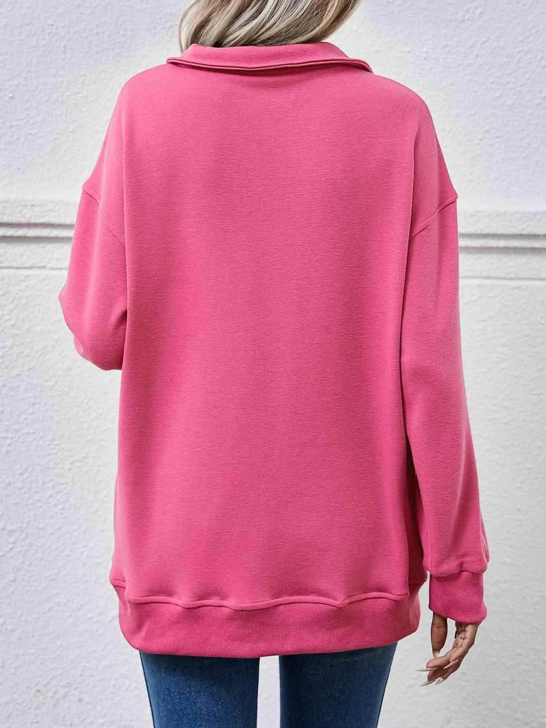 Bona Fide Fashion - Collared Neck Dropped Shoulder Sweatshirt - Women Fashion - Bona Fide Fashion