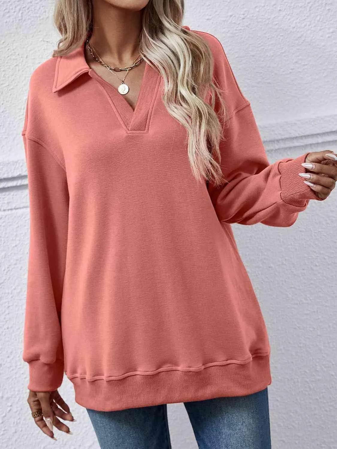 Bona Fide Fashion - Collared Neck Dropped Shoulder Sweatshirt - Women Fashion - Bona Fide Fashion