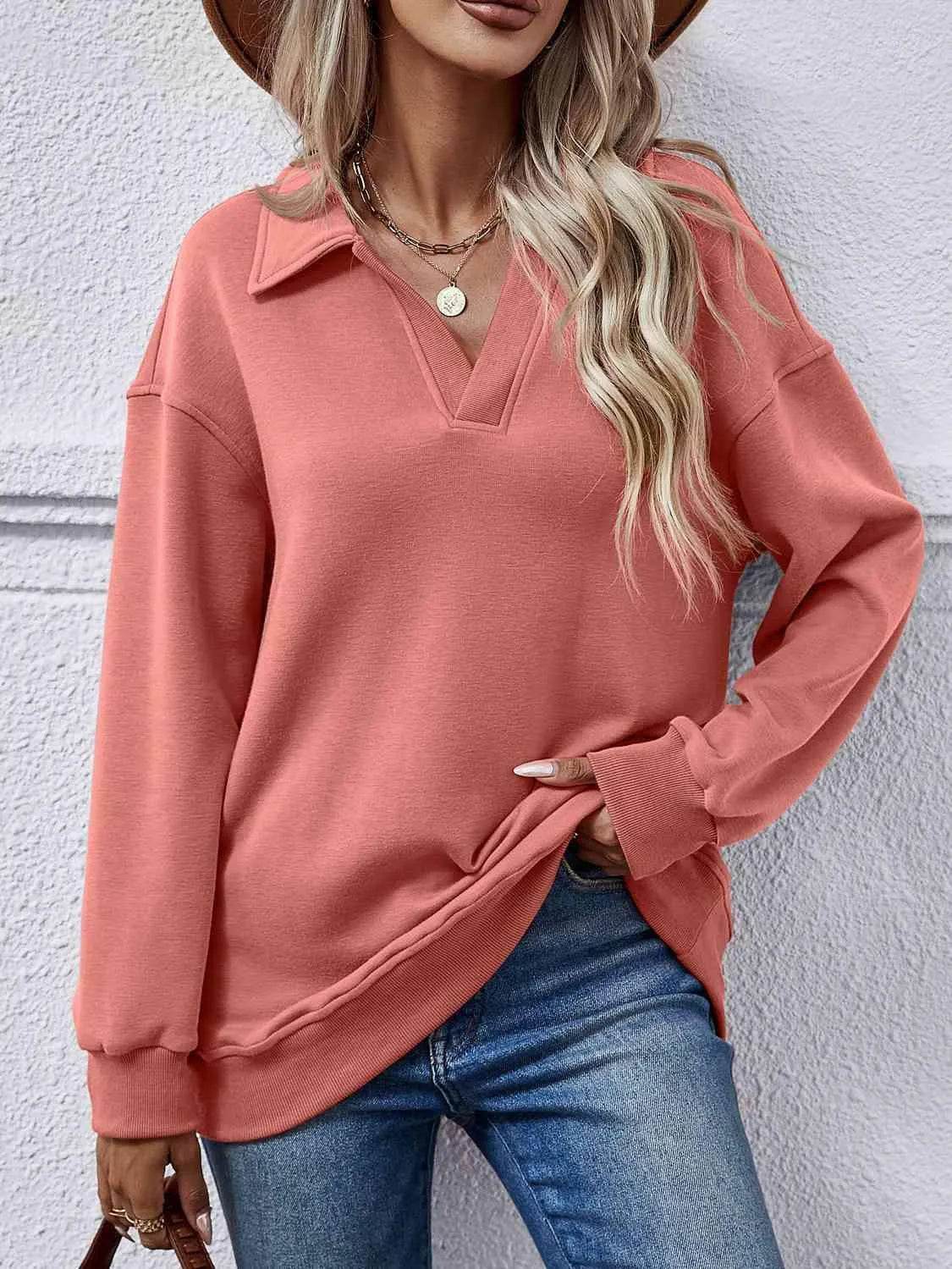 Bona Fide Fashion - Collared Neck Dropped Shoulder Sweatshirt - Women Fashion - Bona Fide Fashion