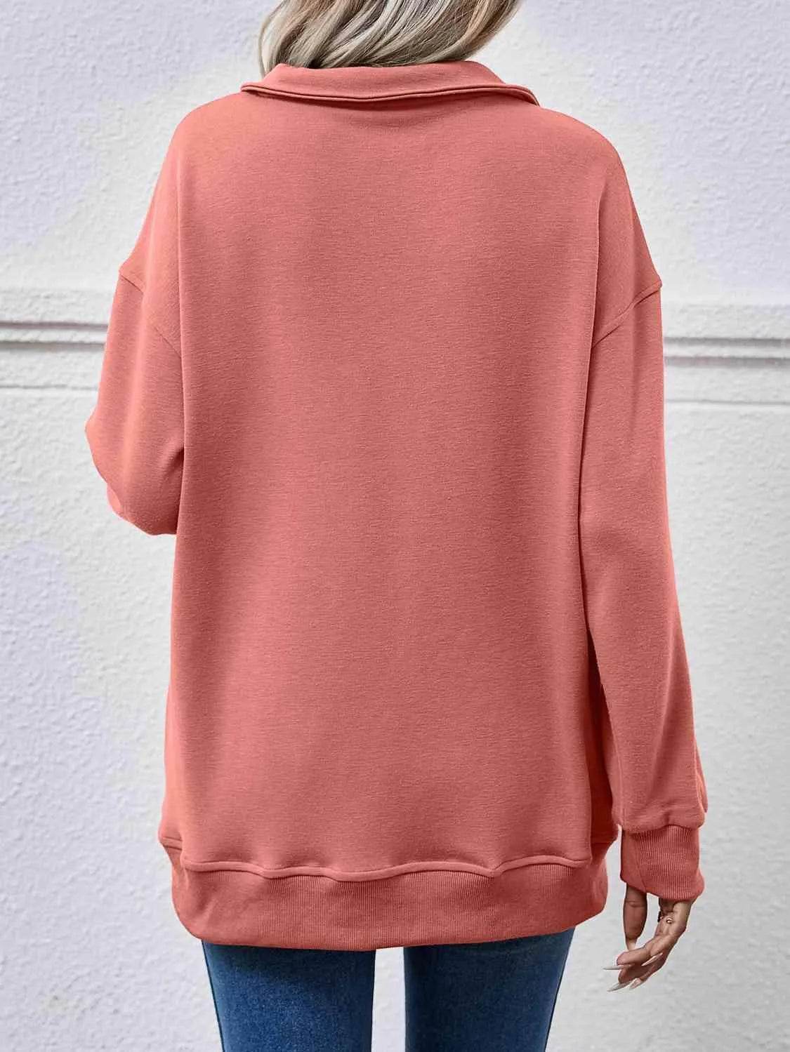 Bona Fide Fashion - Collared Neck Dropped Shoulder Sweatshirt - Women Fashion - Bona Fide Fashion