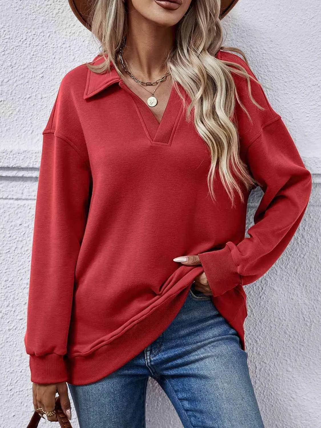 Bona Fide Fashion - Collared Neck Dropped Shoulder Sweatshirt - Women Fashion - Bona Fide Fashion