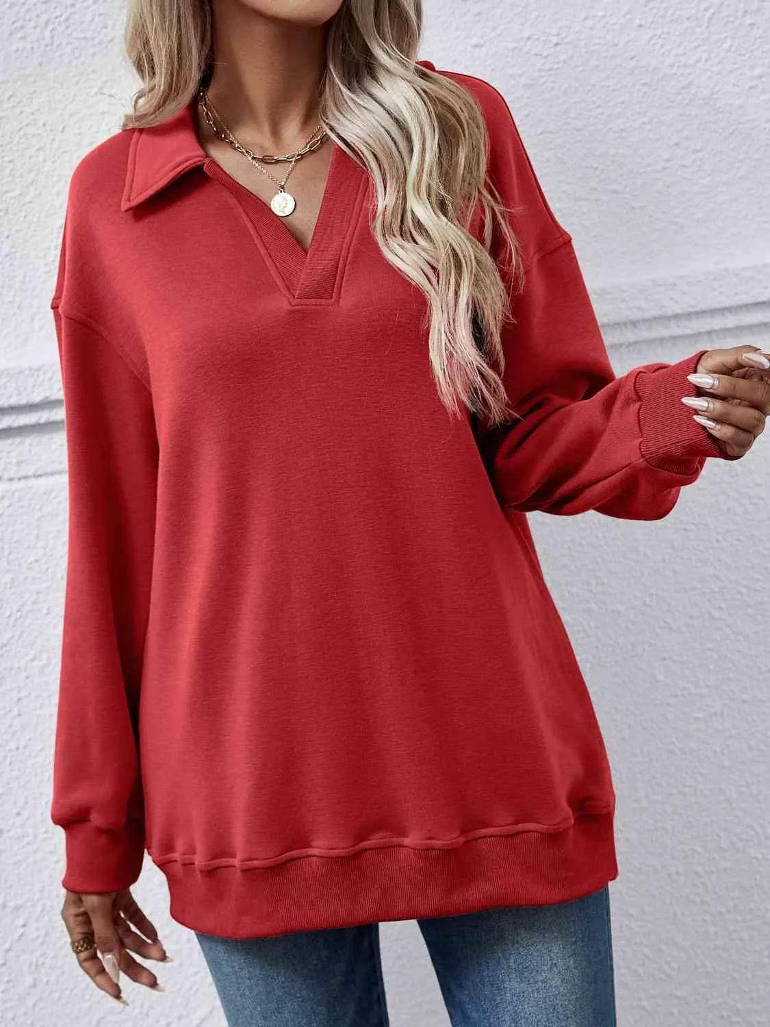 Bona Fide Fashion - Collared Neck Dropped Shoulder Sweatshirt - Women Fashion - Bona Fide Fashion