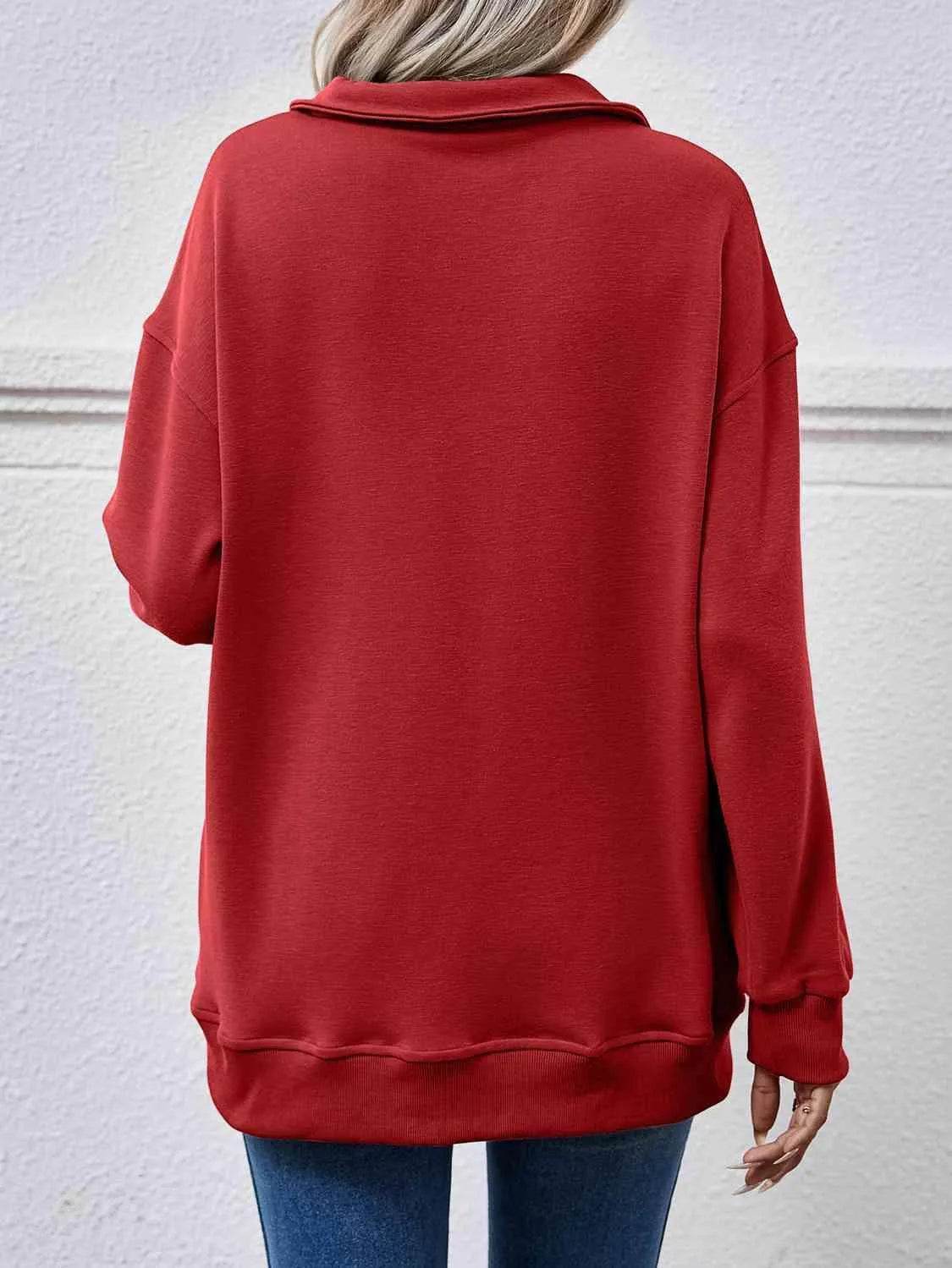 Bona Fide Fashion - Collared Neck Dropped Shoulder Sweatshirt - Women Fashion - Bona Fide Fashion