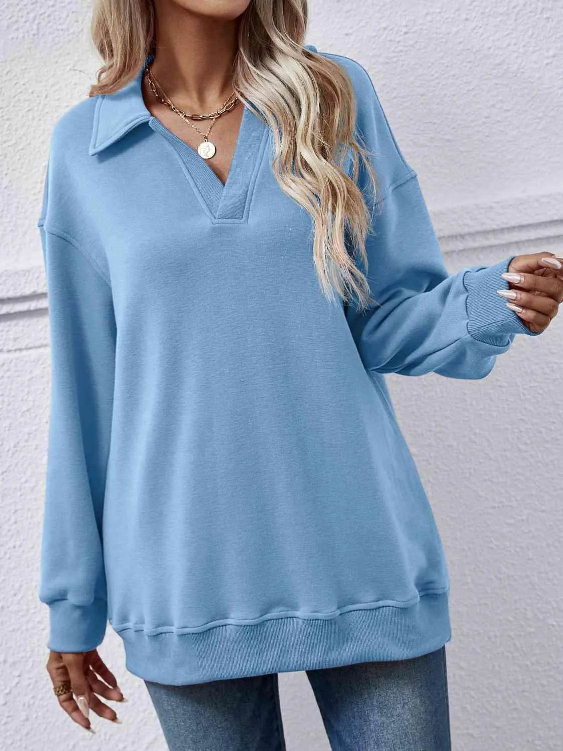 Bona Fide Fashion - Collared Neck Dropped Shoulder Sweatshirt - Women Fashion - Bona Fide Fashion
