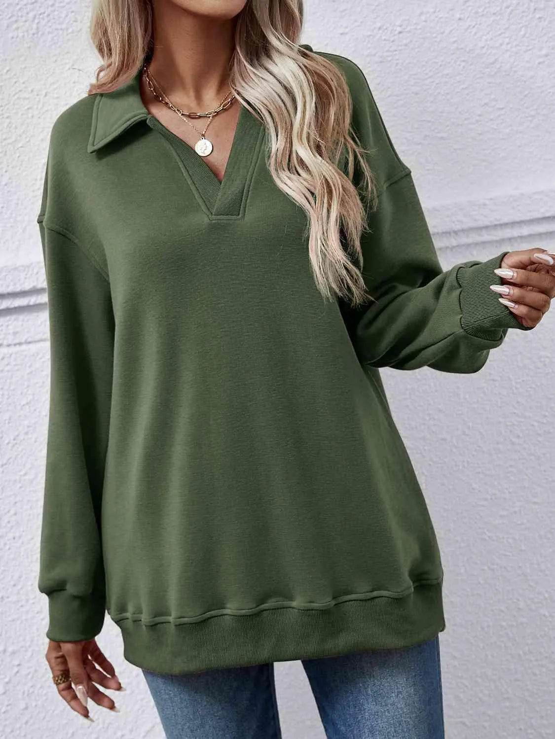 Bona Fide Fashion - Collared Neck Dropped Shoulder Sweatshirt - Women Fashion - Bona Fide Fashion
