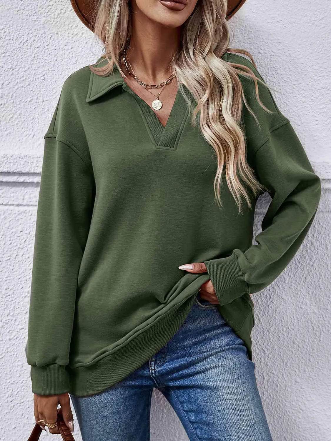 Bona Fide Fashion - Collared Neck Dropped Shoulder Sweatshirt - Women Fashion - Bona Fide Fashion