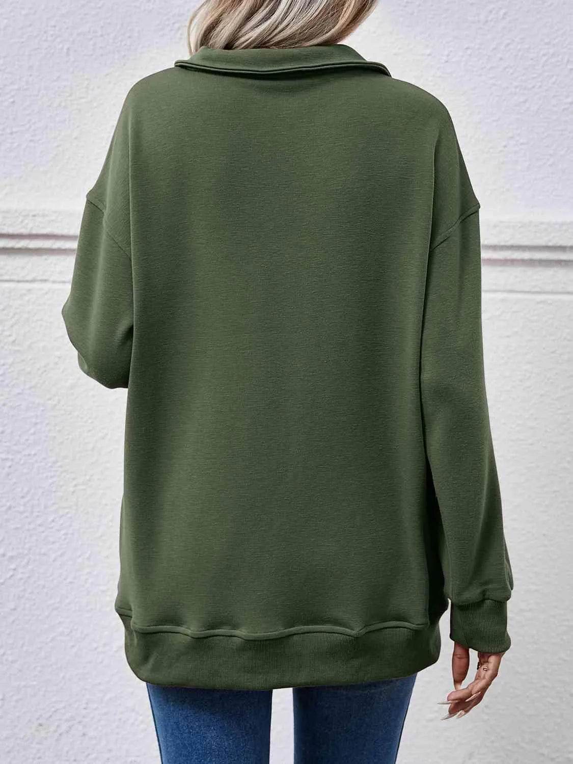 Bona Fide Fashion - Collared Neck Dropped Shoulder Sweatshirt - Women Fashion - Bona Fide Fashion