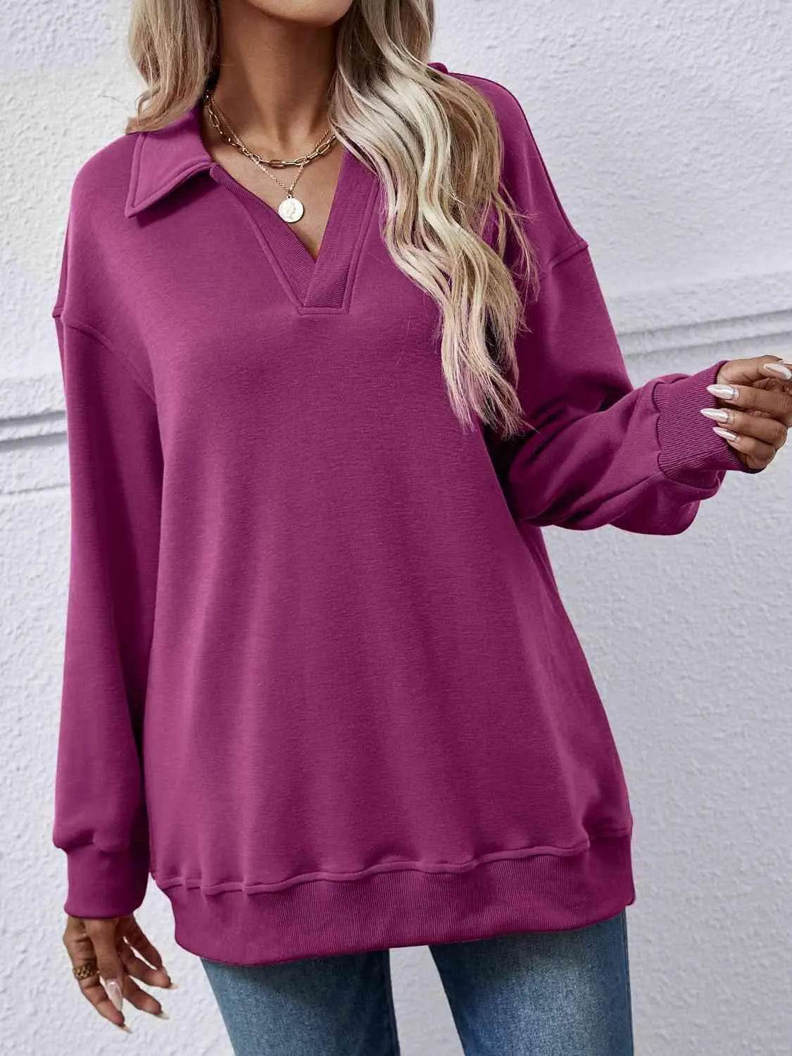 Bona Fide Fashion - Collared Neck Dropped Shoulder Sweatshirt - Women Fashion - Bona Fide Fashion