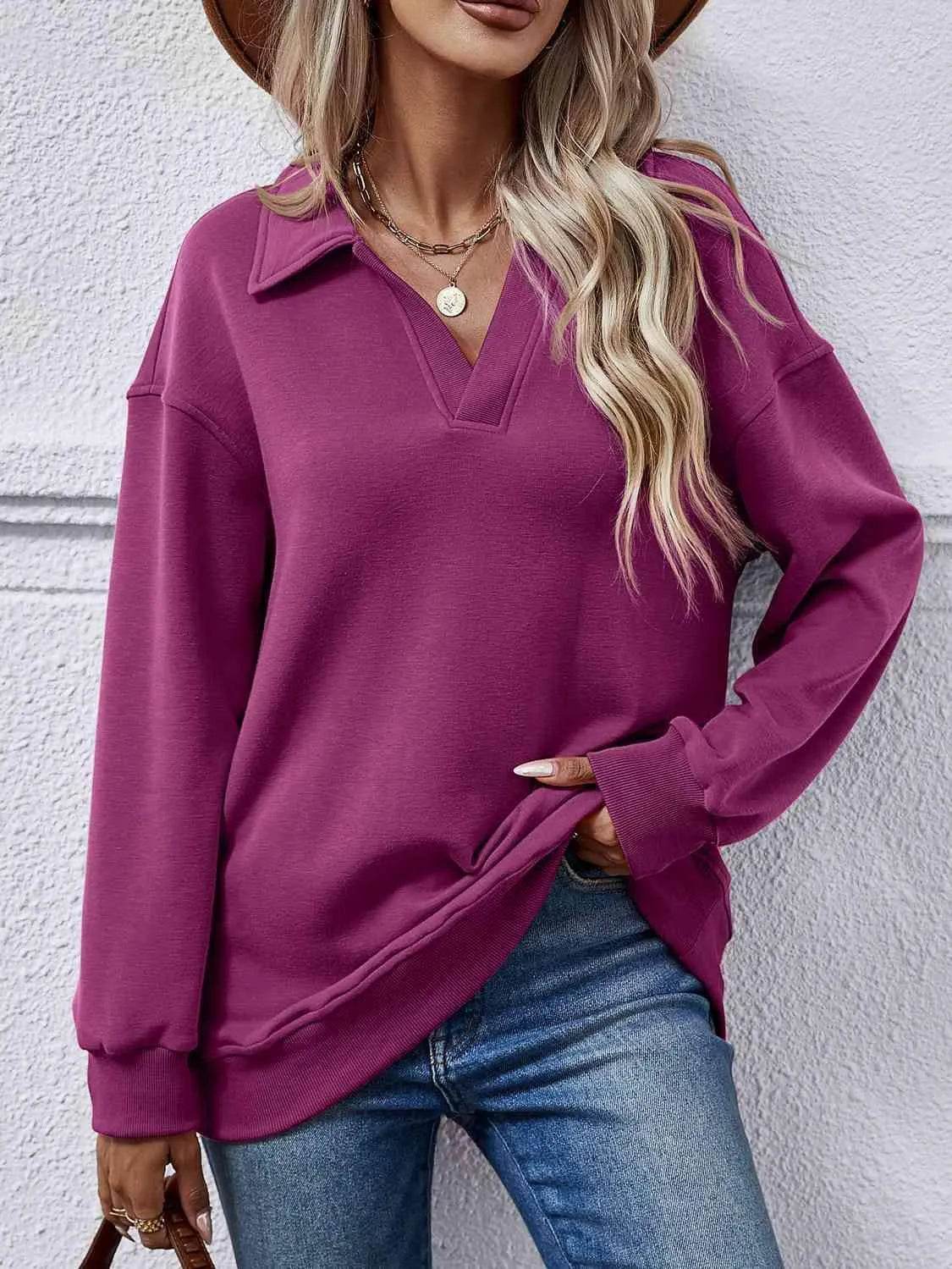 Bona Fide Fashion - Collared Neck Dropped Shoulder Sweatshirt - Women Fashion - Bona Fide Fashion