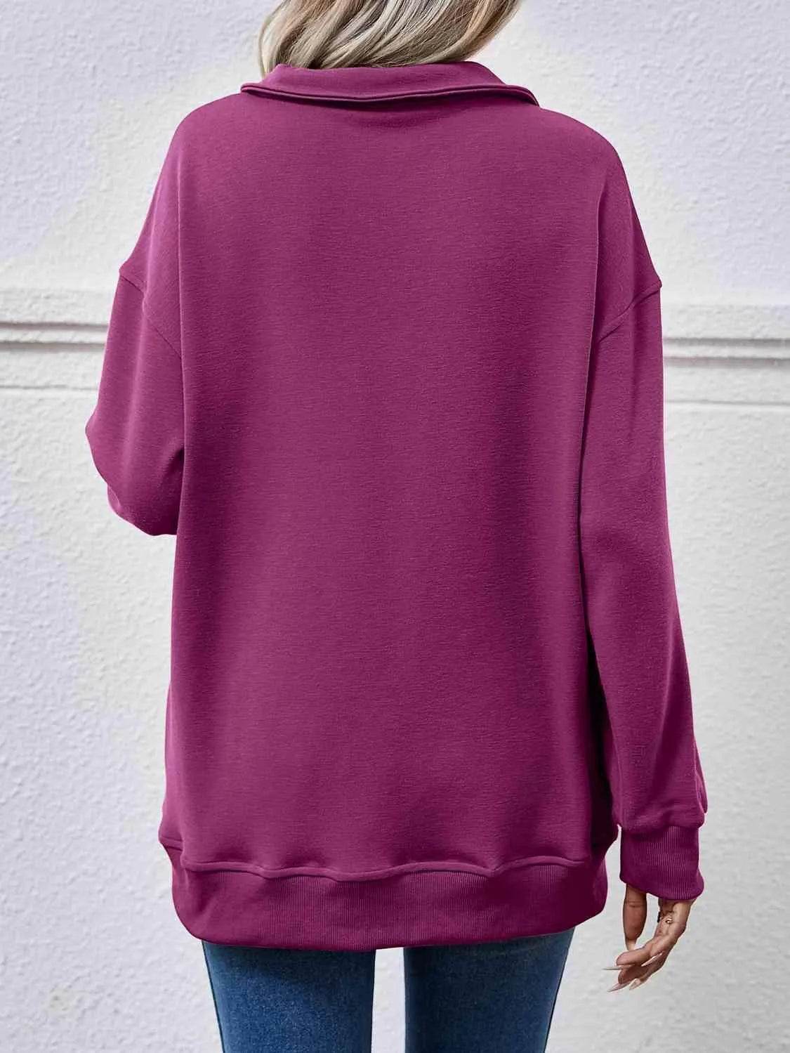 Bona Fide Fashion - Collared Neck Dropped Shoulder Sweatshirt - Women Fashion - Bona Fide Fashion