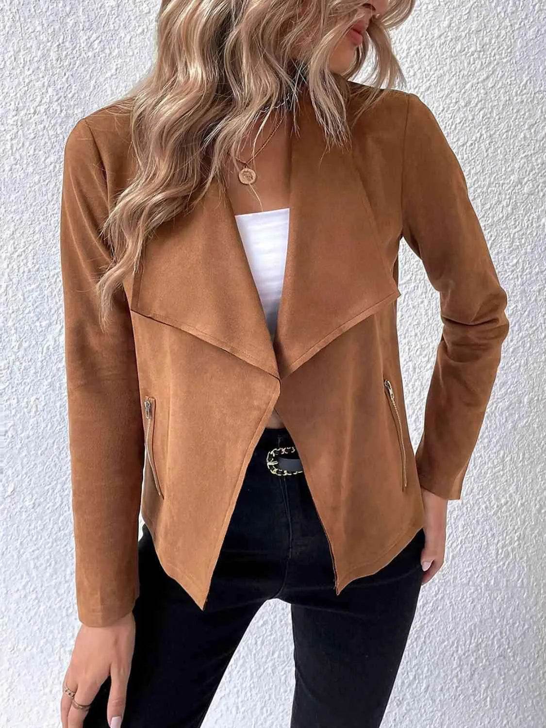 Bona Fide Fashion - Collared Neck Long Sleeve Jacket - Women Fashion - Bona Fide Fashion