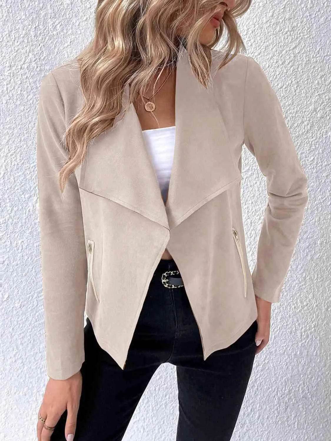 Bona Fide Fashion - Collared Neck Long Sleeve Jacket - Women Fashion - Bona Fide Fashion