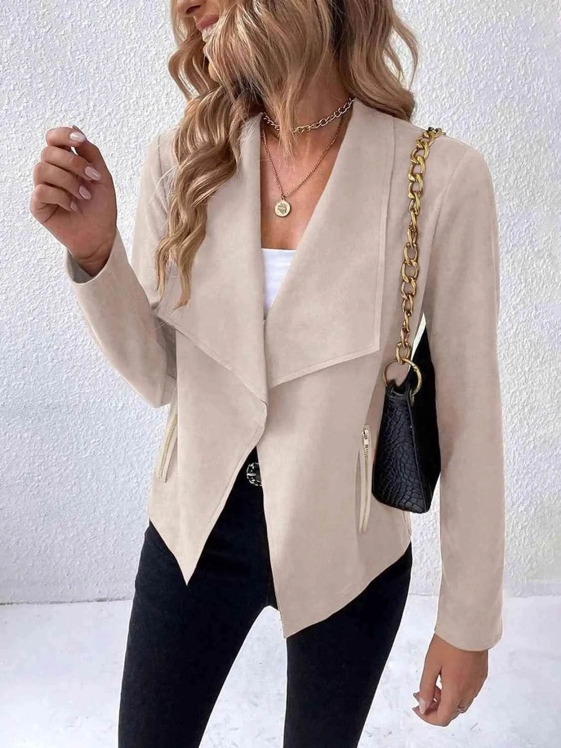 Bona Fide Fashion - Collared Neck Long Sleeve Jacket - Women Fashion - Bona Fide Fashion