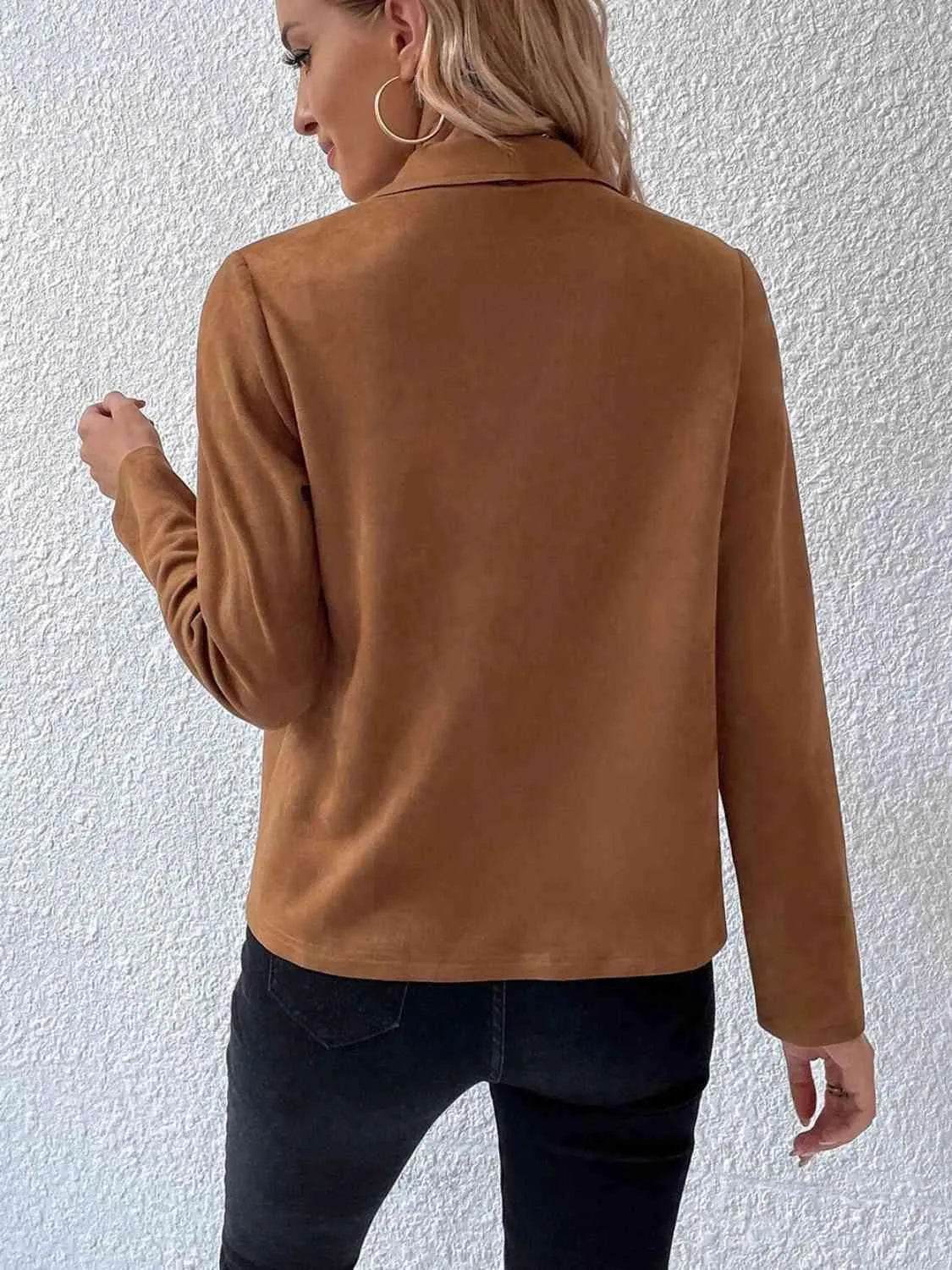 Bona Fide Fashion - Collared Neck Long Sleeve Jacket - Women Fashion - Bona Fide Fashion