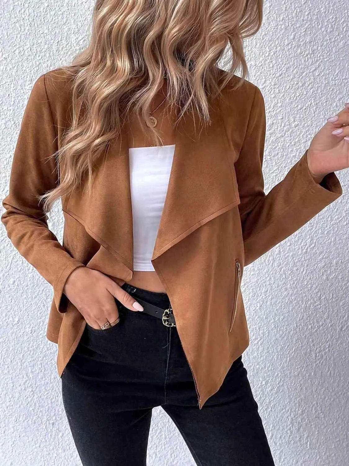 Bona Fide Fashion - Collared Neck Long Sleeve Jacket - Women Fashion - Bona Fide Fashion