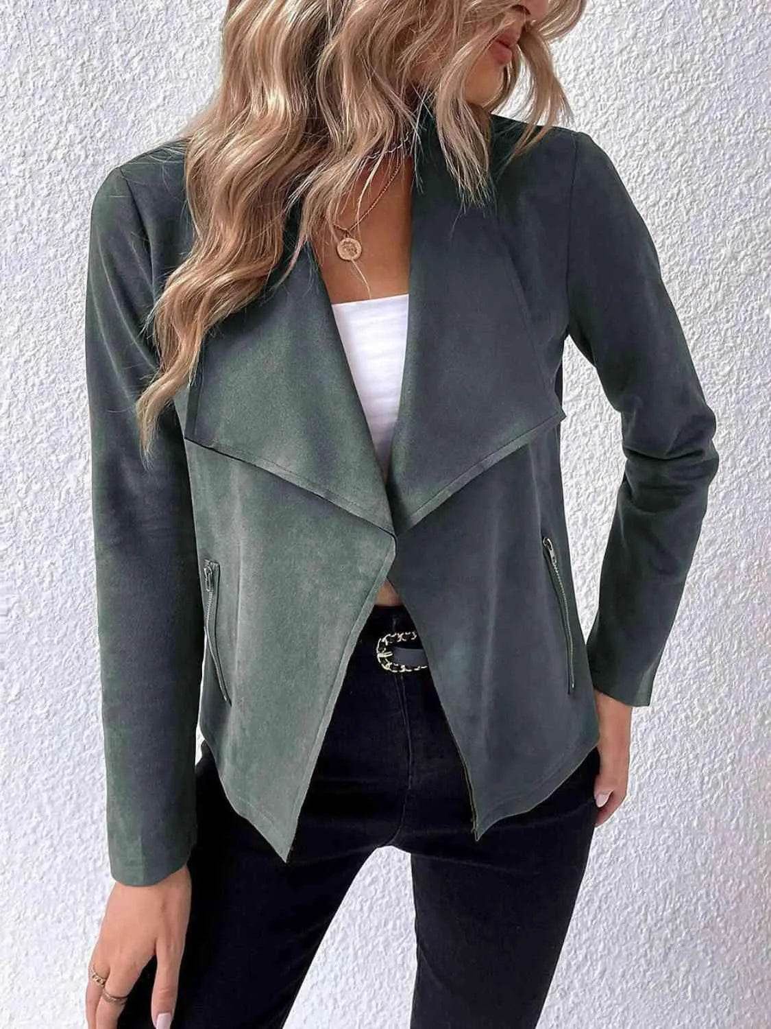 Bona Fide Fashion - Collared Neck Long Sleeve Jacket - Women Fashion - Bona Fide Fashion