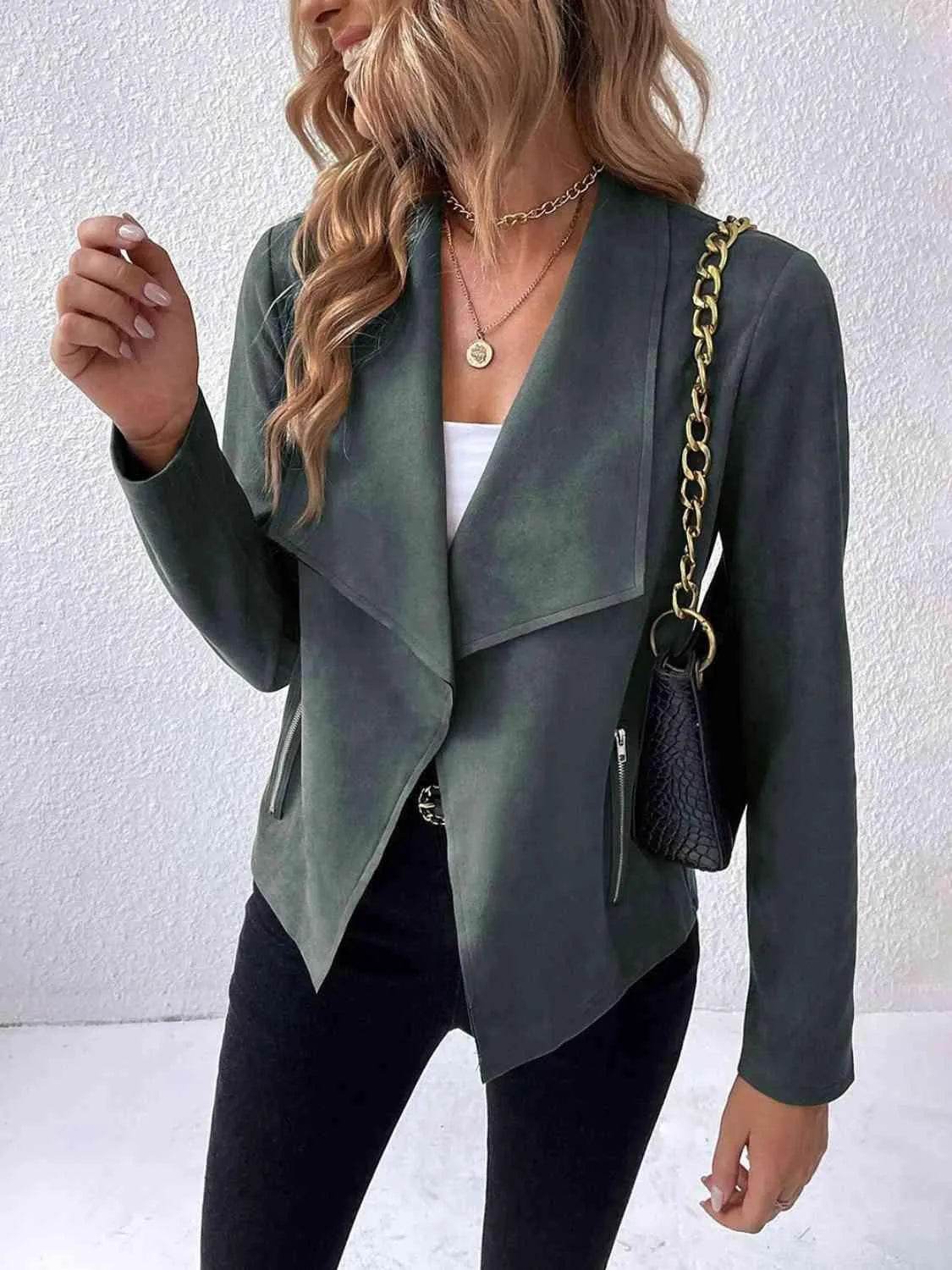 Bona Fide Fashion - Collared Neck Long Sleeve Jacket - Women Fashion - Bona Fide Fashion