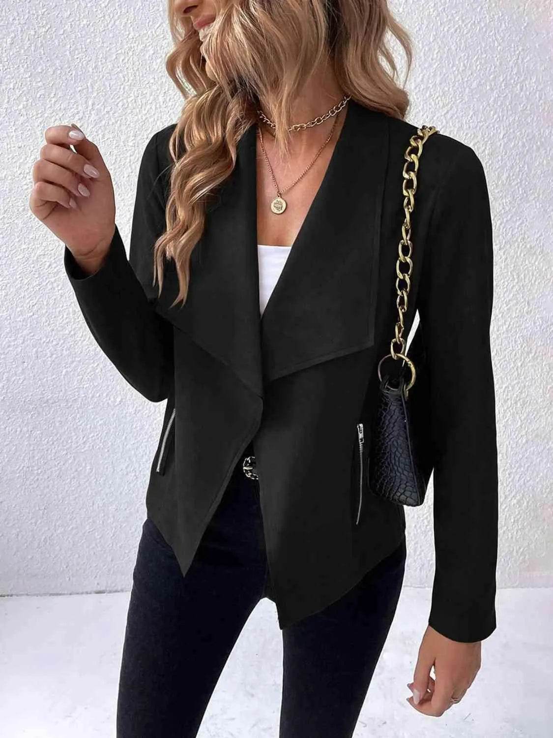 Bona Fide Fashion - Collared Neck Long Sleeve Jacket - Women Fashion - Bona Fide Fashion