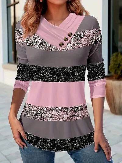 Bona Fide Fashion - Color Block Decorative Button Shirt - Women Fashion - Bona Fide Fashion