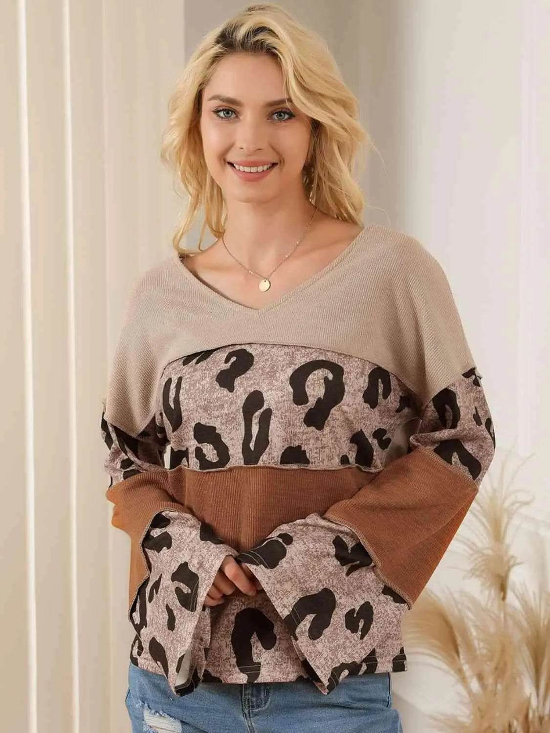 Bona Fide Fashion - Color Block Leopard V-Neck Blouse - Women Fashion - Bona Fide Fashion
