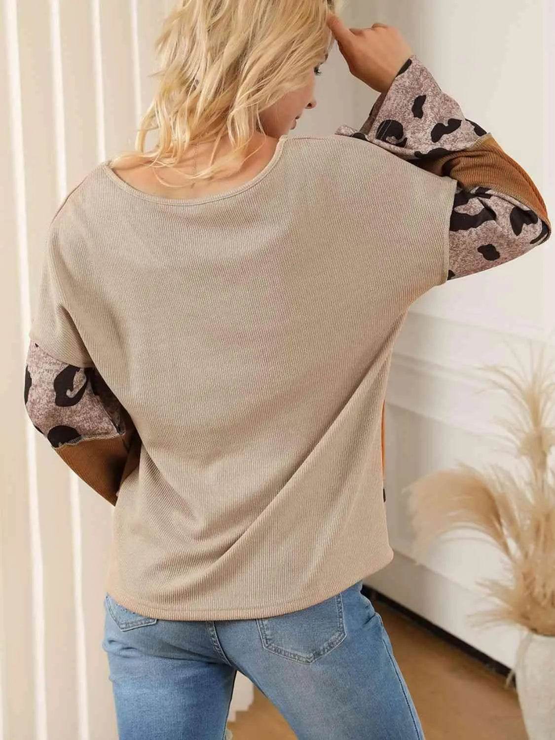 Bona Fide Fashion - Color Block Leopard V-Neck Blouse - Women Fashion - Bona Fide Fashion