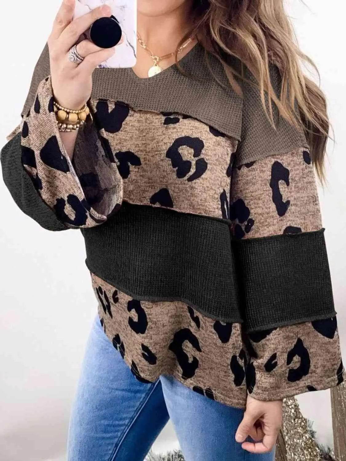 Bona Fide Fashion - Color Block Leopard V-Neck Blouse - Women Fashion - Bona Fide Fashion