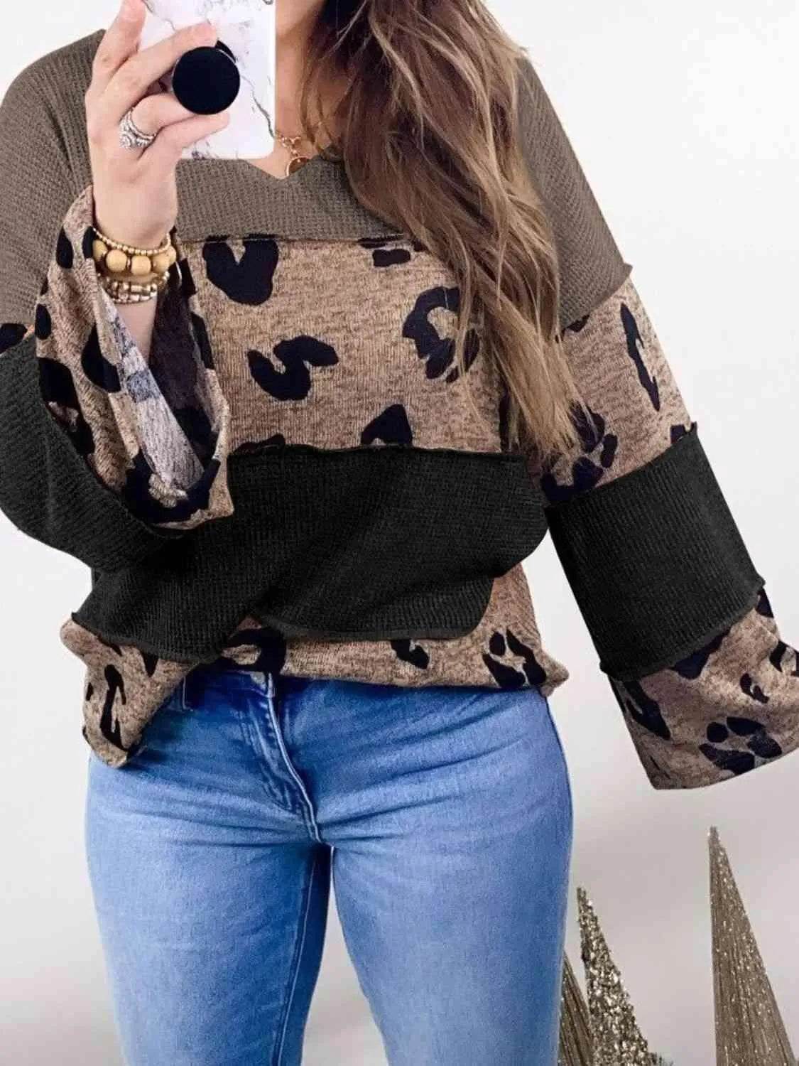 Bona Fide Fashion - Color Block Leopard V-Neck Blouse - Women Fashion - Bona Fide Fashion