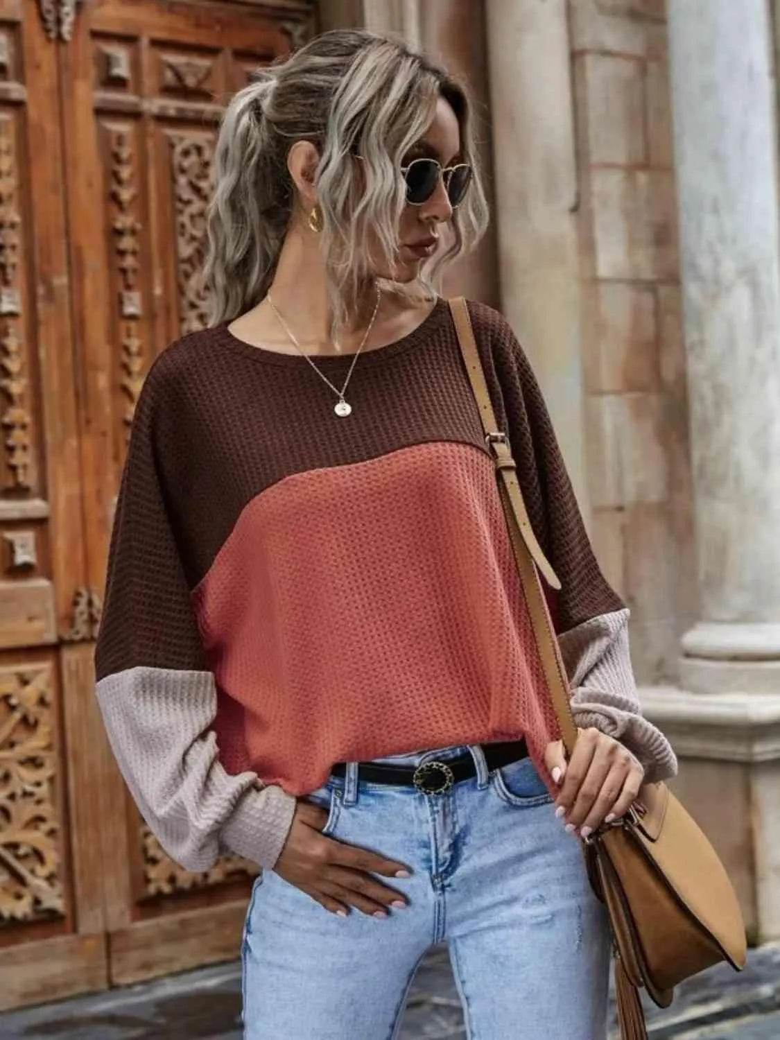 Bona Fide Fashion - Color Block Waffle-Knit Long Sleeve Top - Women Fashion - Bona Fide Fashion