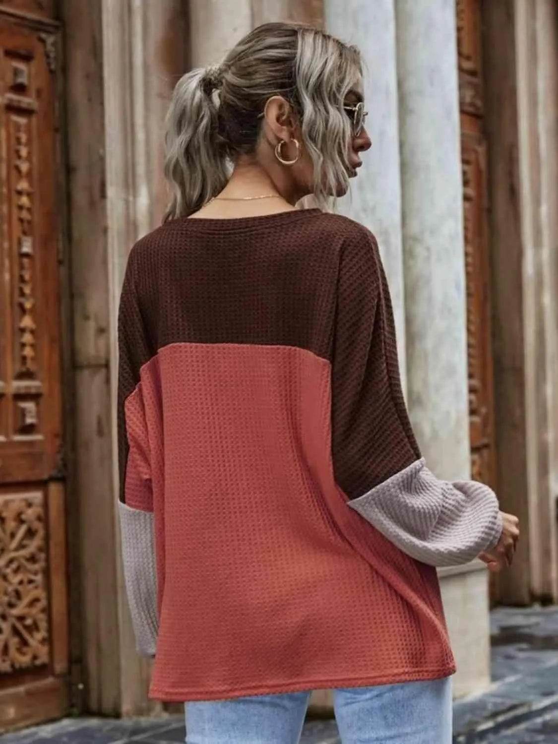 Bona Fide Fashion - Color Block Waffle-Knit Long Sleeve Top - Women Fashion - Bona Fide Fashion