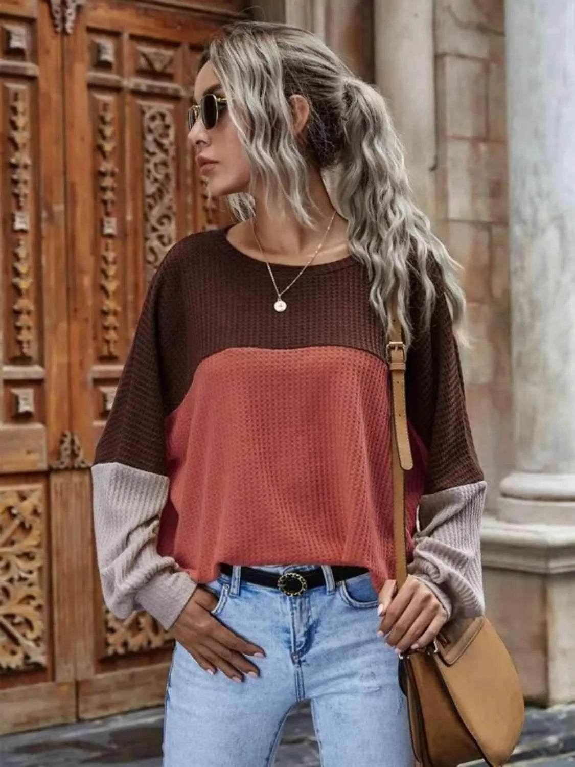 Bona Fide Fashion - Color Block Waffle-Knit Long Sleeve Top - Women Fashion - Bona Fide Fashion