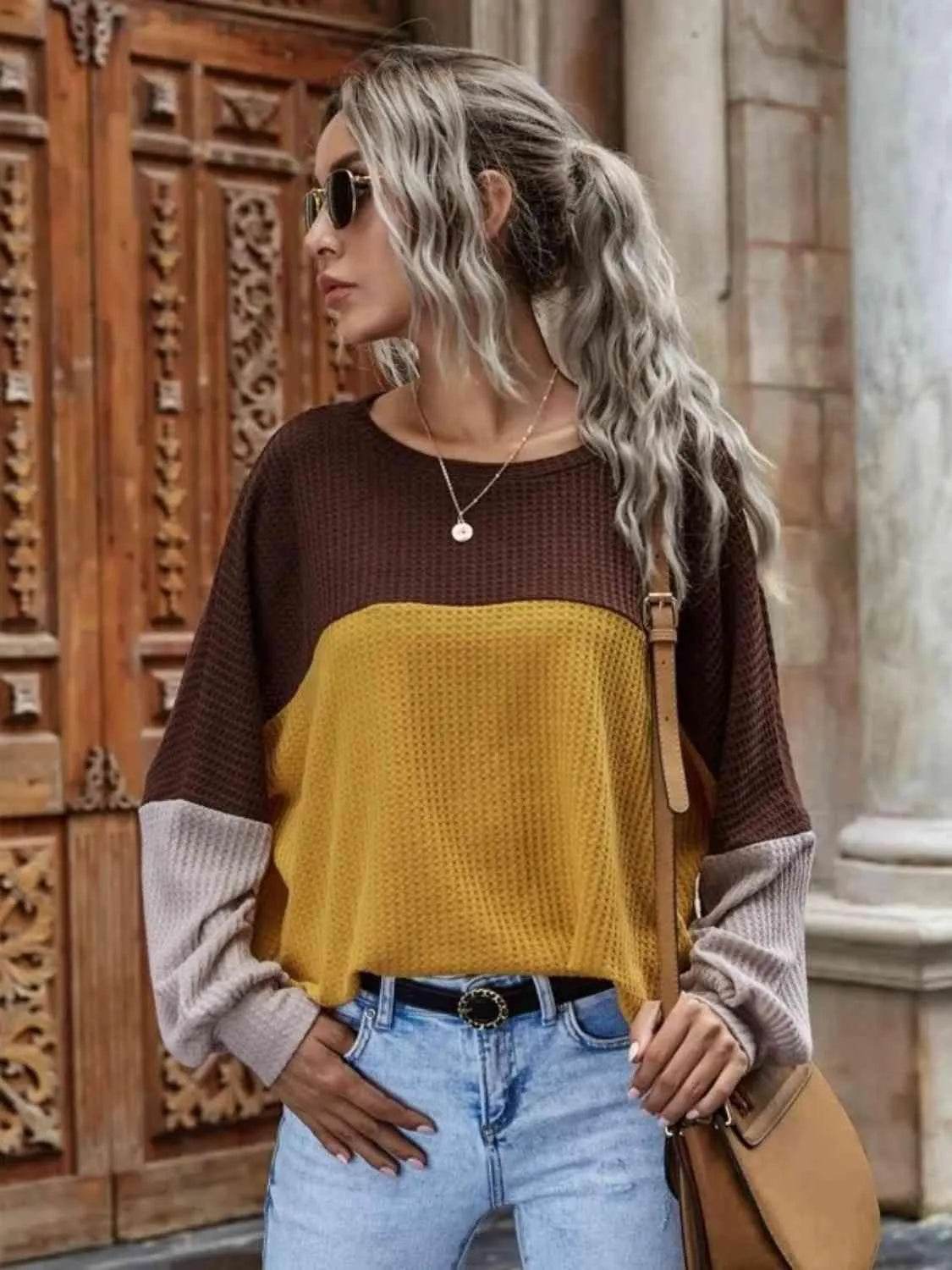 Bona Fide Fashion - Color Block Waffle-Knit Long Sleeve Top - Women Fashion - Bona Fide Fashion