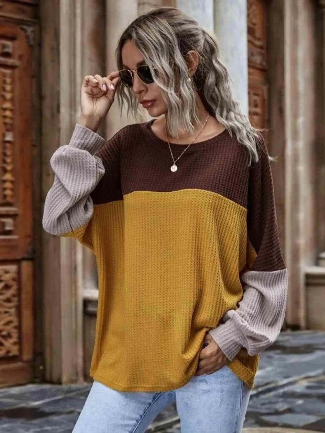 Bona Fide Fashion - Color Block Waffle-Knit Long Sleeve Top - Women Fashion - Bona Fide Fashion