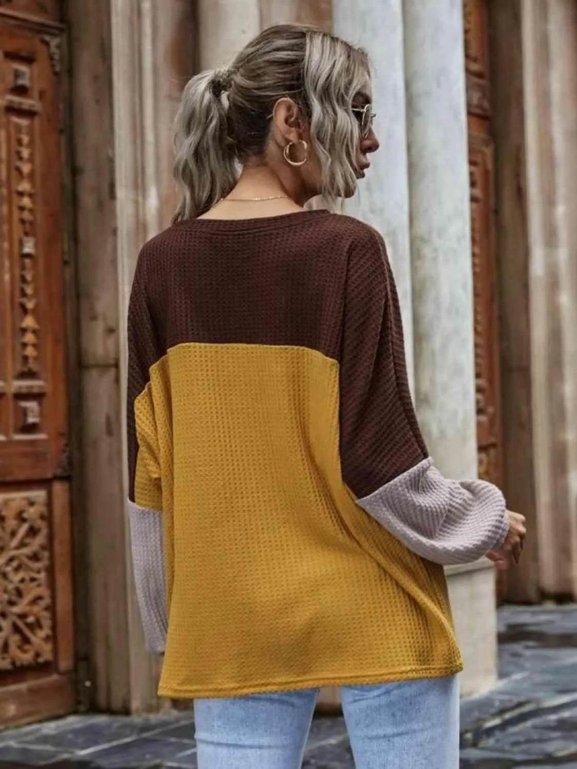 Bona Fide Fashion - Color Block Waffle-Knit Long Sleeve Top - Women Fashion - Bona Fide Fashion